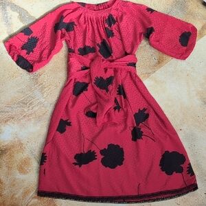 Richilene | 100% Silk Vintage Floral Red Loosefit Midi Dress with Wrap Size L